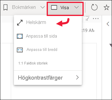 Skärmbild som visar den nedrullningsbara menyn för Visa.