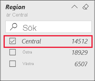 Skärmbild av regionfiltret expanderat och alternativet Central valt.