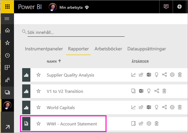 Screenshot of the workspace in the Power BI service and a paginated report highlighted.