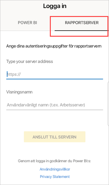Skärmbild av dialogrutan Logga in med rapportservern markerad.