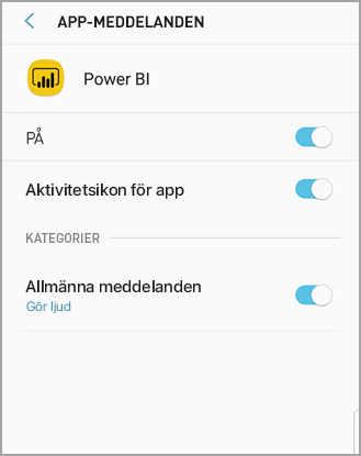 Skärmbild som visar en Android-telefonskärm med namnet Power BI där du kan tillåta och hantera meddelanden.