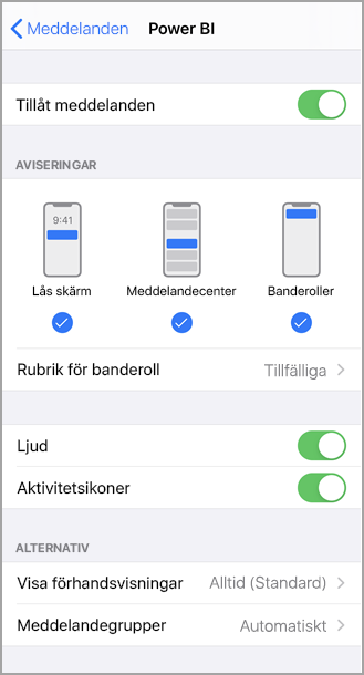 Skärmbild som visar en iPhone-skärm med titeln Power BI där du kan tillåta och hantera meddelanden.