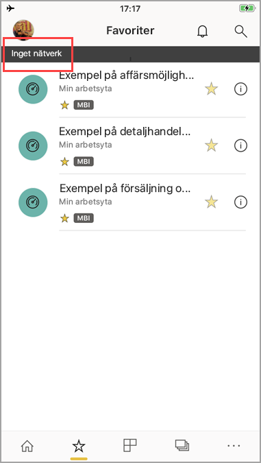 Skärmbild som visar Power BI-mobilappen med meddelandet 