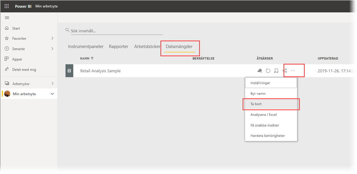 Select the Delete semantic models