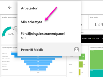 Skärmbild som visar menyn breadcrumb på en Android-surfplatta med Min arbetsyta framhävd.