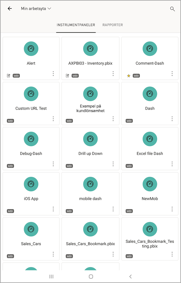 Skärmbild som visar en Android-surfplatta med Min arbetsyta med INSTRUMENTPANELer valda.