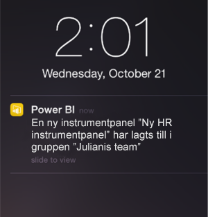 Skärmbild av en instrumentpanel som visar ett meddelande på en iPhone.