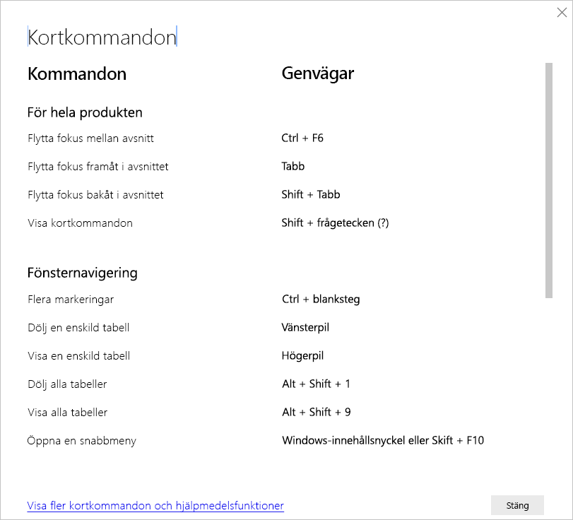 Skärmbild av kortkommandona i Power BI Desktop.