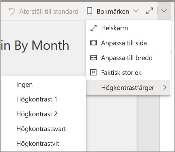 Skärmbild av Power BI-tjänst i redigeringsläge, med visningsfärger och högkontrastfärger markerade.