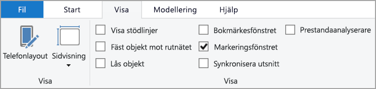 Skärmbild av fliken Visa i menyfliksområdet med markeringen Markering.