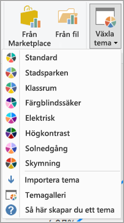 Skärmbild som visar de inbyggda temana i Power BI.