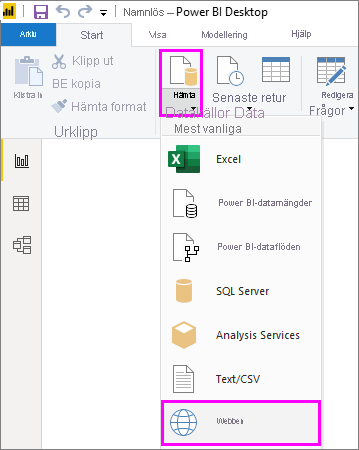 Skärmbild av Power BI Desktop som markerar webbvalet under listrutan Hämta data.