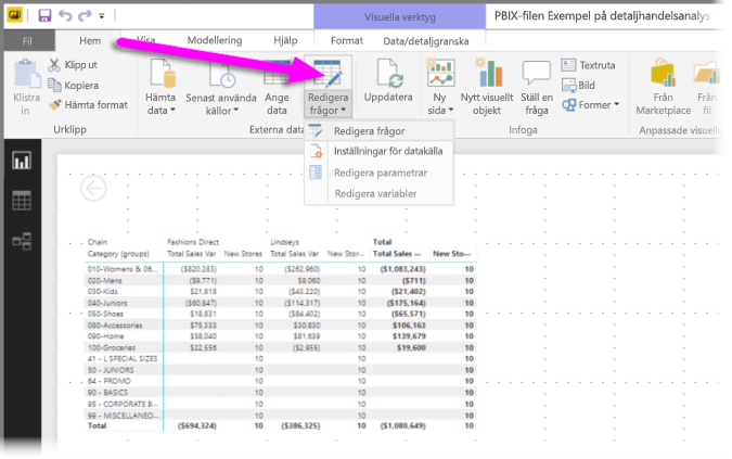 Skärmbild av Power BI Desktop med transformeringsdata markerade.