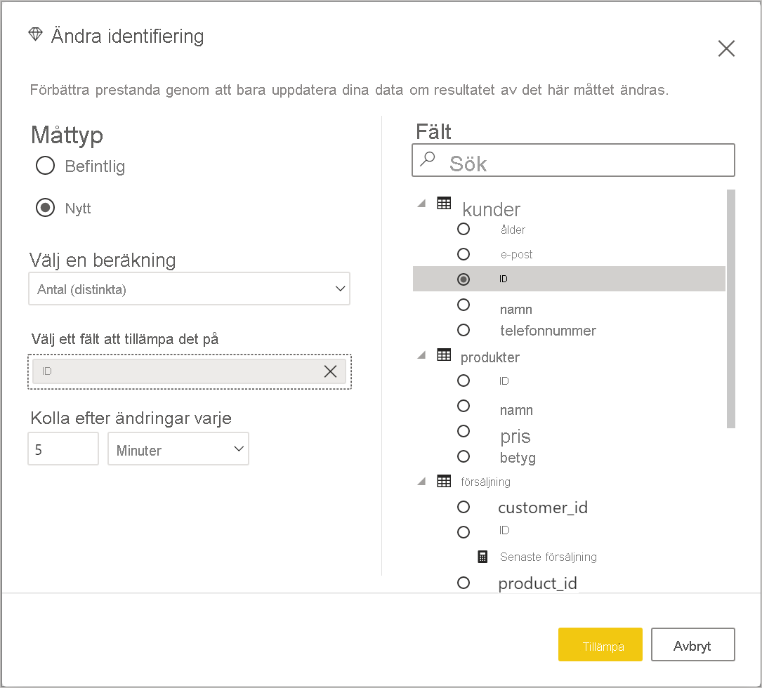 Fönstret Ändringsidentifiering