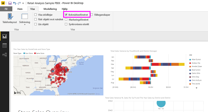 Skärmbild som visar hur du aktiverar fönstret Bokmärken i Power BI Desktop.