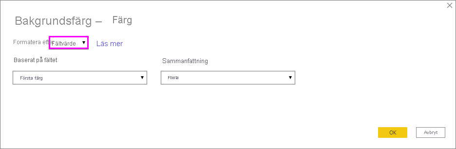 Dialogruta för Formatformat för bakgrundsfärg för färgkolumn: Listrutan Formatformat är inställd på Fältvärde
