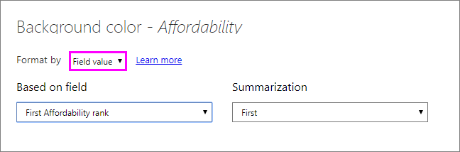 Dialogrutan Formatformat för bakgrundsfärgen i kolumnen Affordability: Listrutan Formatformat är inställd på Fältvärde.