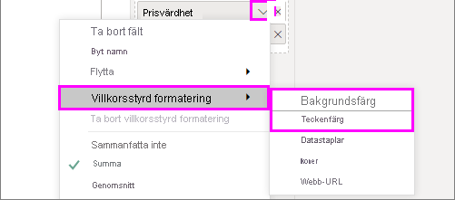 Bakgrundsfärg eller Teckenfärg i menyn villkorsstyrd formatering