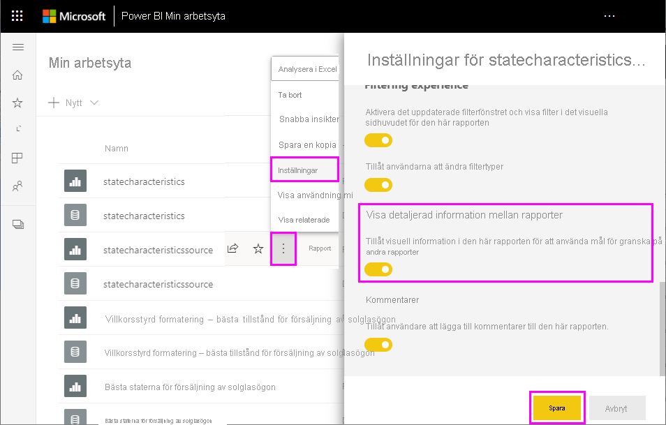 Skärmbild som visar aktivering av detaljerad information mellan rapporter i Power BI-tjänsten.