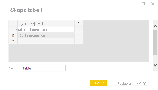 Skärmbild som visar fönstret Skapa tabell.