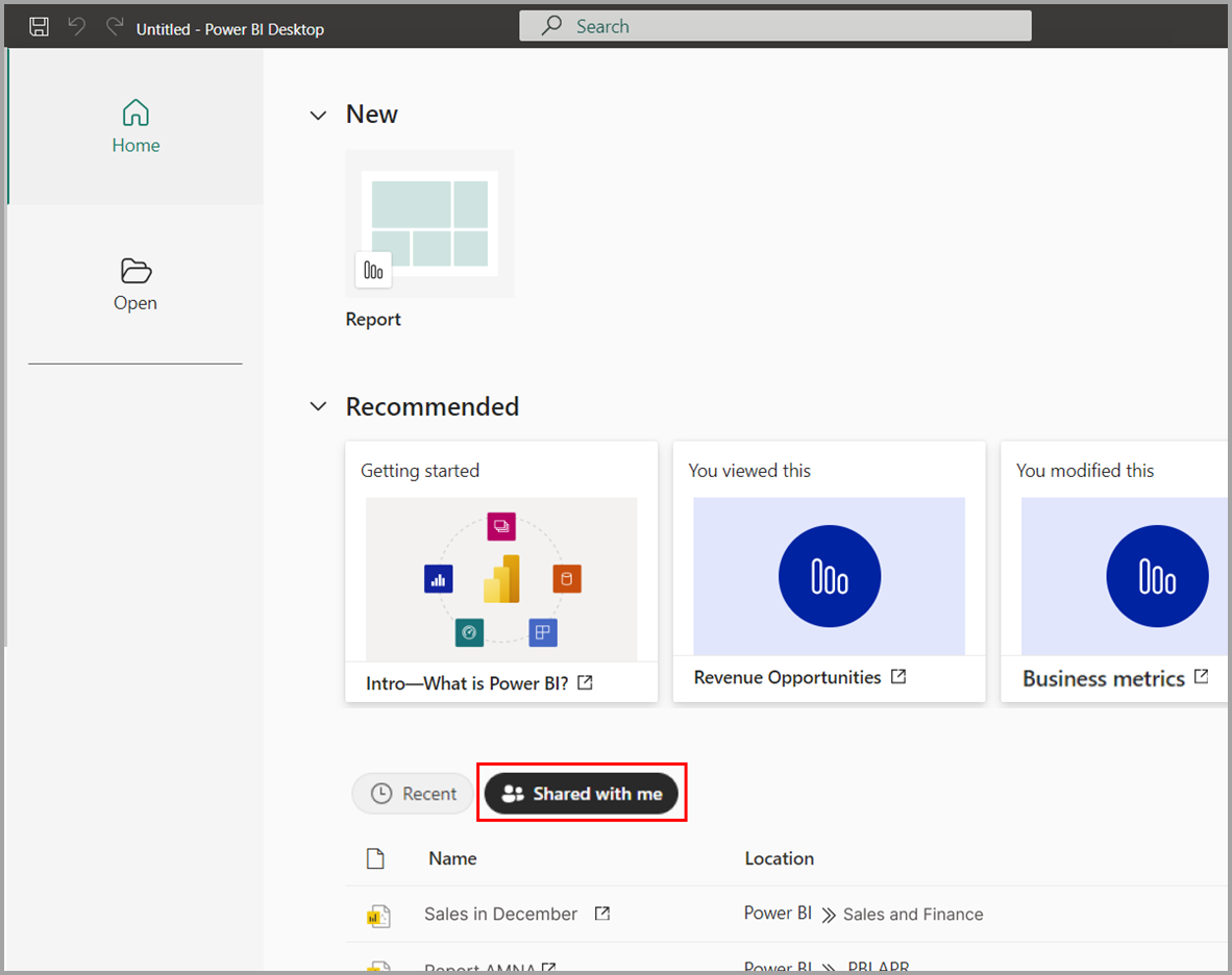 Screenshot of shared reports in Power BI Desktop home.