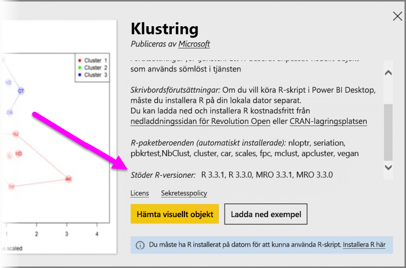 Skärmbild som visar de R-versioner som stöds för ett anpassat visuellt Power B I R-baserat visuellt objekt.