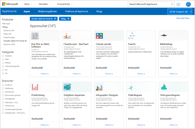 Skärmbild av AppSource filtrerad till visuella Power Platform- och Power BI-objekt.