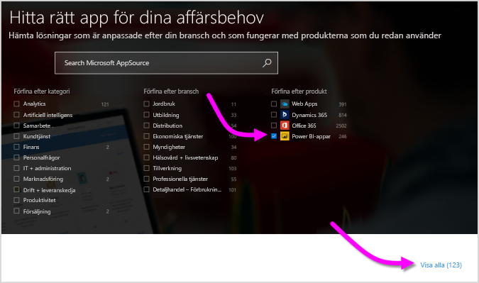 Skärmbild av AppSource med Power Platform-appar valda under Produkter.