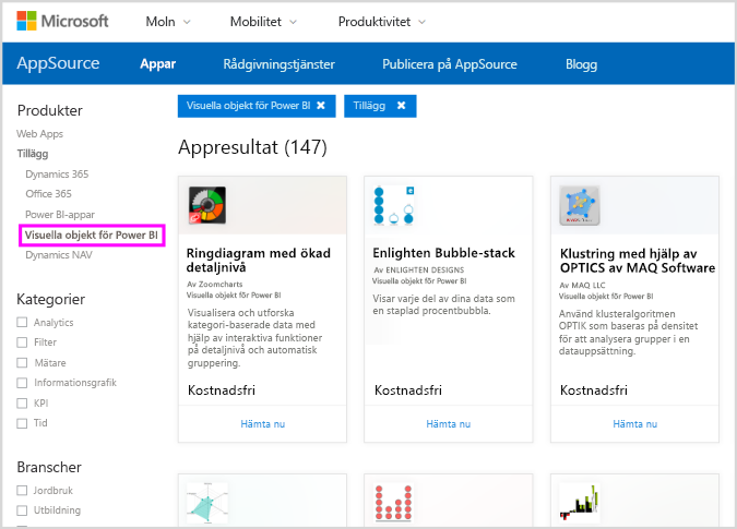 Skärmbild av AppSource med visuella Power BI-objekt markerade i det vänstra fönstret.