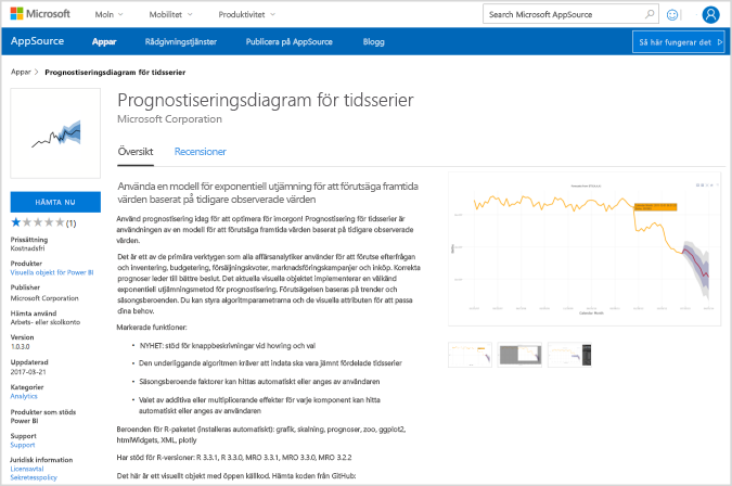 Skärmbild som visar det visuella Power BI-objektet För tidsserieprognosdiagram i appkälla.