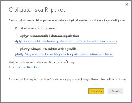 Skärmbild som visar de R-paket som måste installeras för det R-baserade anpassade visuella objektet.