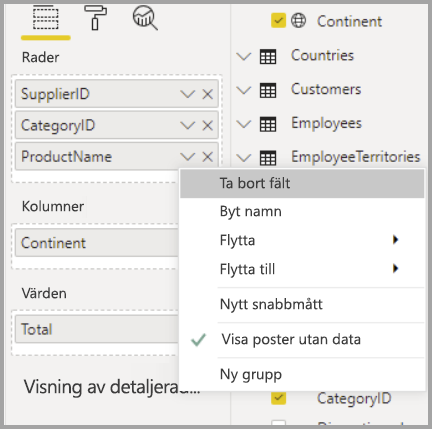 Skärmbild av fältmenyn, som markerar Visa objekt utan data från snabbmenyn SupplierID.