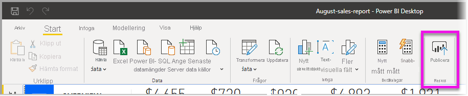 Skärmbild av menyfliksområdet Power BI-start med fokus på Publicera.