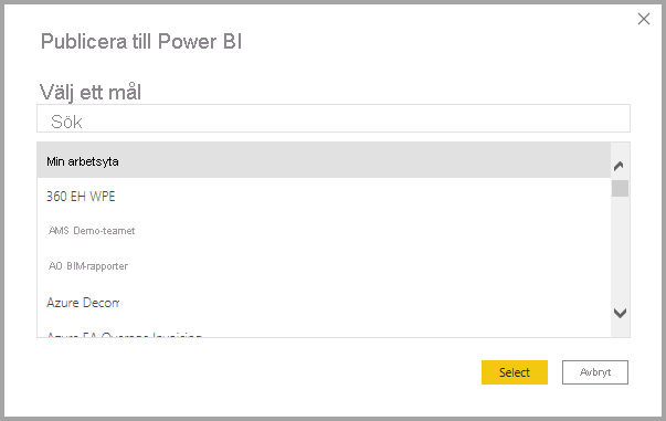 Skärmbild av dialogrutan Publicera till Power BI.