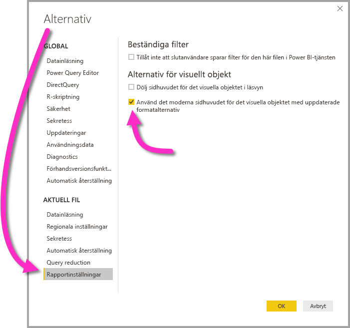 Skärmbild av menyn Alternativ, markering av rapportinställningar och kryssrutan Använd det moderna visuella objektet med uppdaterade formateringsalternativ.