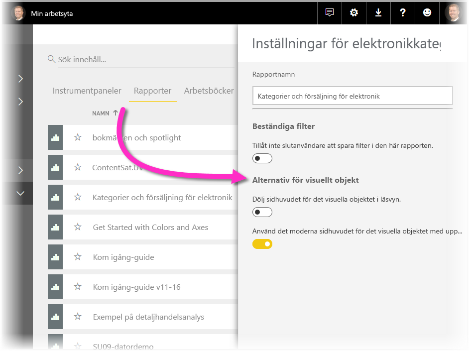 Skärmbild av inställningarna för en rapport i Power BI-tjänst.