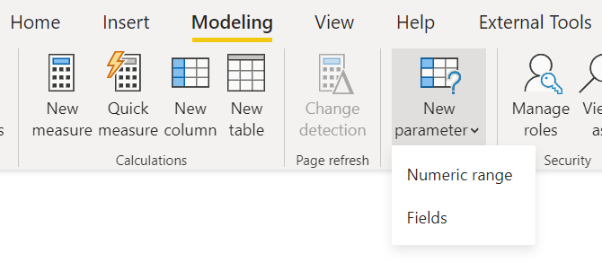 Skärmbild av menyfliksområdet Modellering som visar alternativ under listrutan Ny parameter.