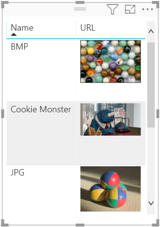 Skärmbild av URL-bilder i en tabell.