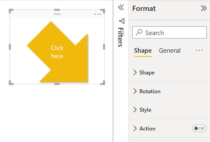 Skärmbild av en pilform som formateras genom att lägga till text, skugga och rotation.