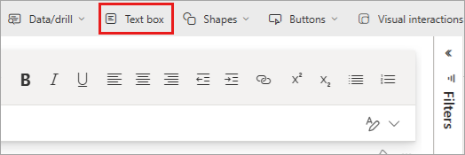 Skärmbild av Power BI-tjänsten som markerar alternativet Textruta.