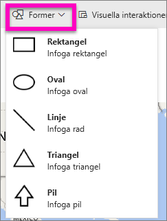 Skärmbild av Power BI Desktop som markerar alternativet för att infoga en form.