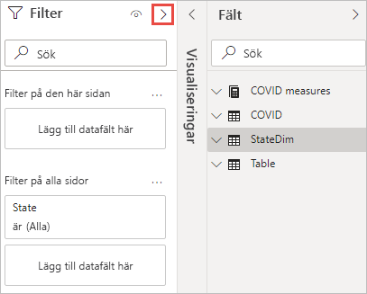 Skärmbild som visar hur du expanderar fönstret Filter.