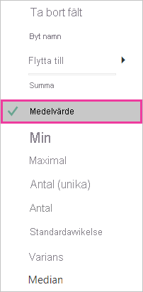Skärmbild av aggregeringslistan med Medelvärde valt och framhävt.