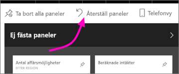 Skärmbild som markerar Återställ paneler i menyraden.