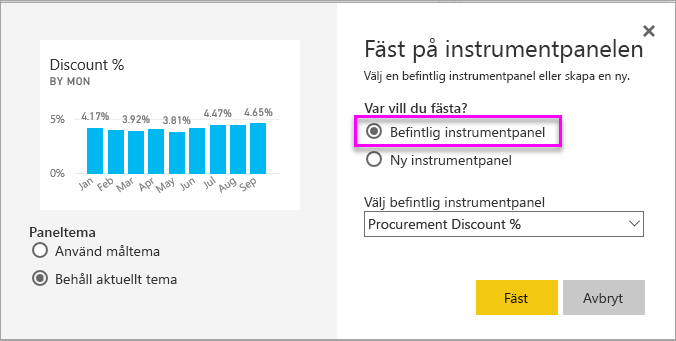 Skärmbild av fönstret Fäst på instrumentpanelen med befintlig instrumentpanel markerad.