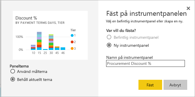 Skärmbild av fönstret Fäst på instrumentpanelen.