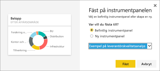 Skärmbild av dialogrutan Fäst på instrumentpanelen.