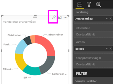 Skärmbild av panelen med fästikonen markerad.