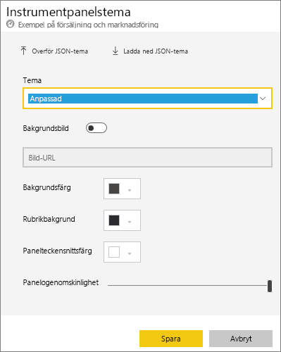 Skärmbild av dialogrutan Instrumentpanelstema med alternativet Anpassat tema valt.