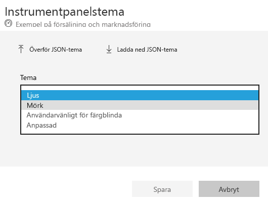 Skärmbild av fönstret Instrumentpanelstema och den nedrullningsbara menyn.